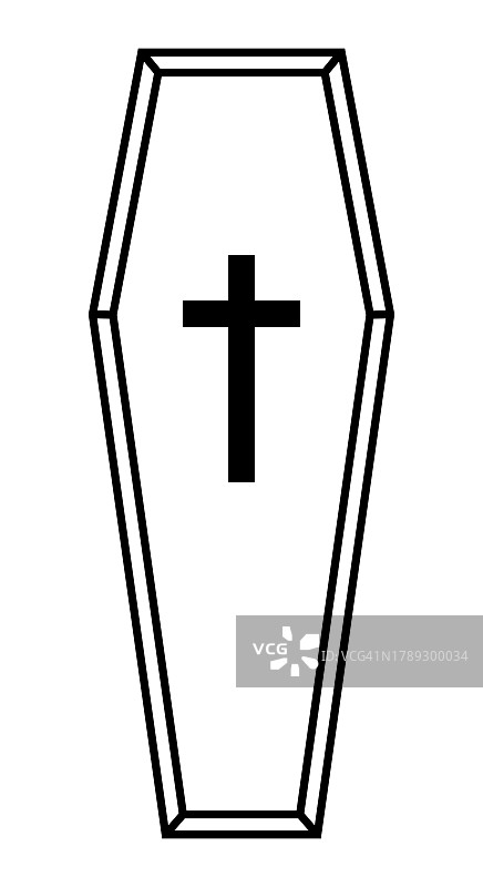 棺材，带有十字架的黑色和白色矢量剪影棺材殡葬盒，在白色上隔离图片素材