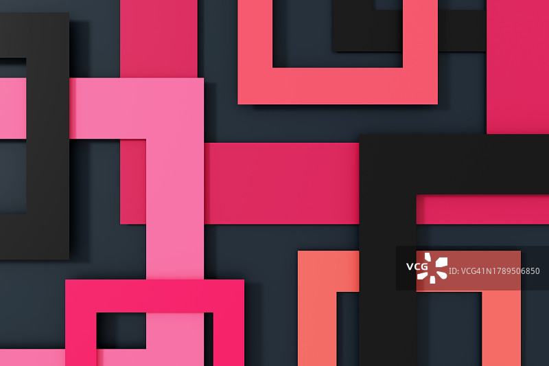 几何构图：粉色、珊瑚色、橙色和黑色正方形、矩形在深色背景上，抽象3D图案，设计元素图片素材