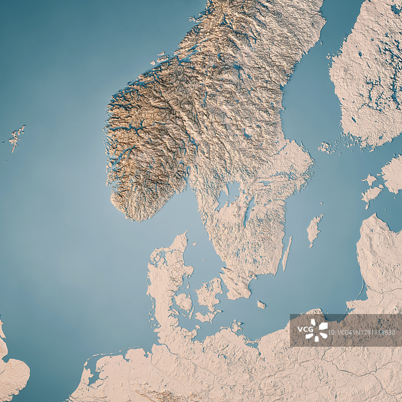 斯堪的纳维亚挪威瑞典丹麦3D地形中性地图图片素材