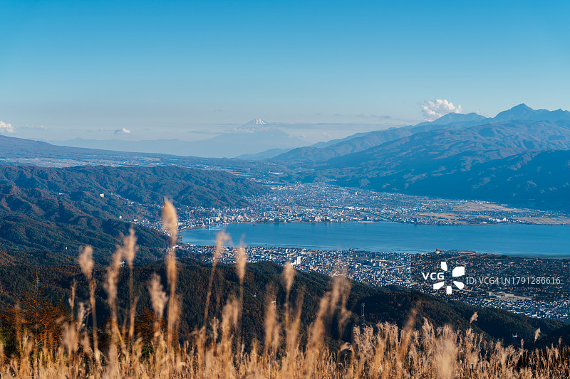 秋季和谐：富士山和诹访湖图片素材
