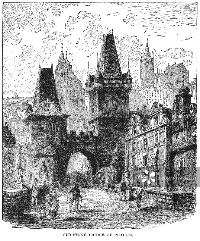 捷克共和国布拉格查理大桥（老石桥）古版画图片素材