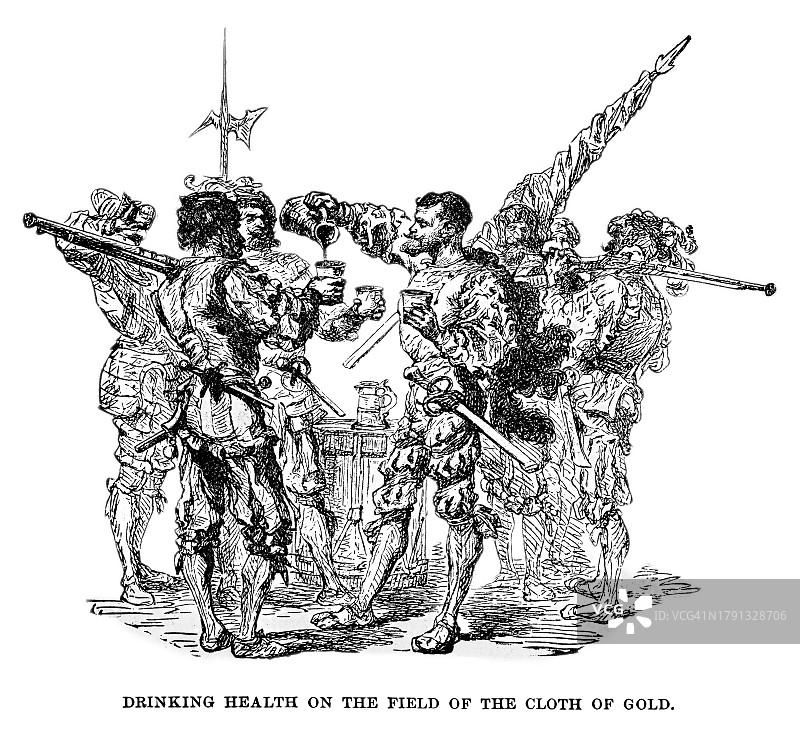 英格兰国王亨利八世与法国国王弗朗西斯一世峰会复古雕刻插图图片素材