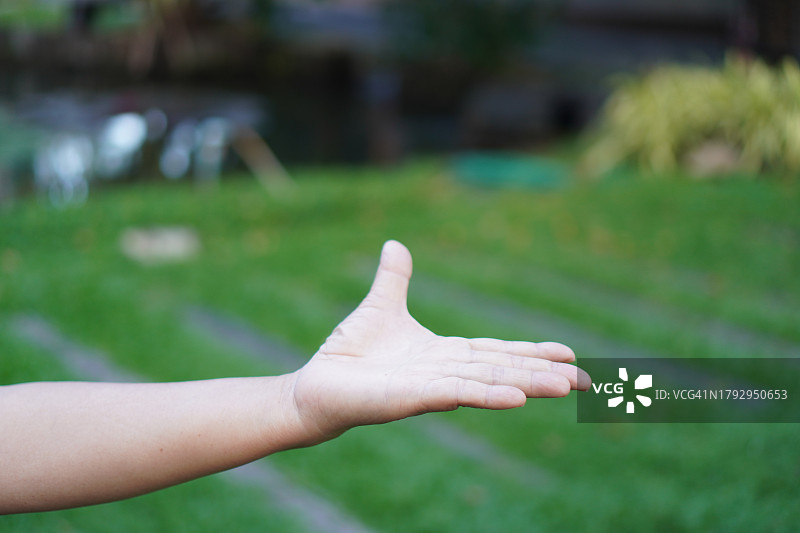 特写：亚洲女性的手展示数字五，手掌在后，在白色背景上复制空间符号语言图片素材