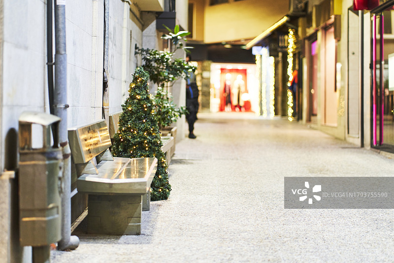 购物中心内长椅及周围圣诞树的侧视图（无人）图片素材