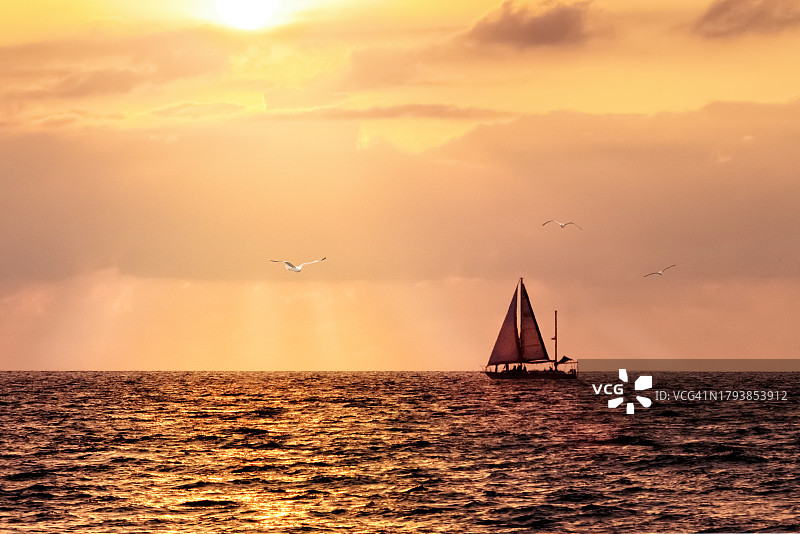 墨西哥巴亚尔塔港的日落帆船图片素材