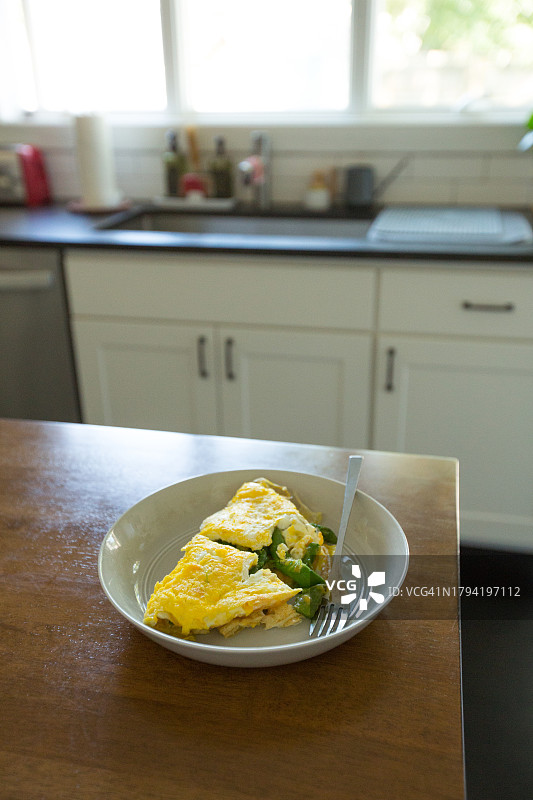 鸡蛋早餐：餐桌上的煎蛋卷，低碳水化合物早餐图片素材