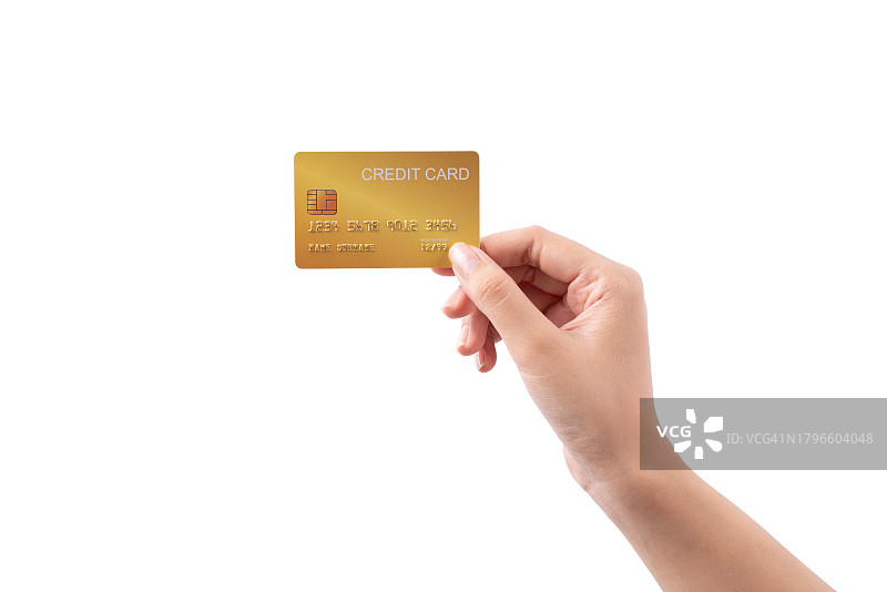 女人手持信用卡，白色背景上孤立图片素材