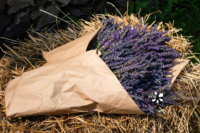 稻草背景上的紫蓝色薰衣草花束图片素材