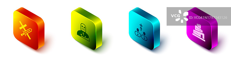 2.5D十字军、骑士、牧师与巴别塔圣经故事图标矢量集图片素材