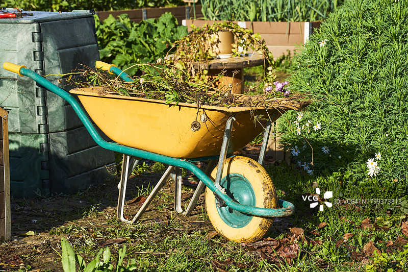 装满草或泥土的园艺手推车图片素材