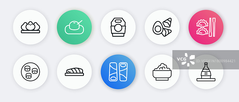 锅贴、筷子夹饺子、寿司、米饭、鸡蛋蔬菜、亚洲面条纸盒、清酒瓶和鱼排图标组合，矢量素材图片素材