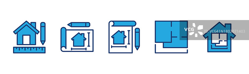 房屋平面图图标集：房屋楼层平面图图标符号，办公室、住宅、公寓、工作区、住所、房地产蓝图，应用程序和网站矢量插图图片素材