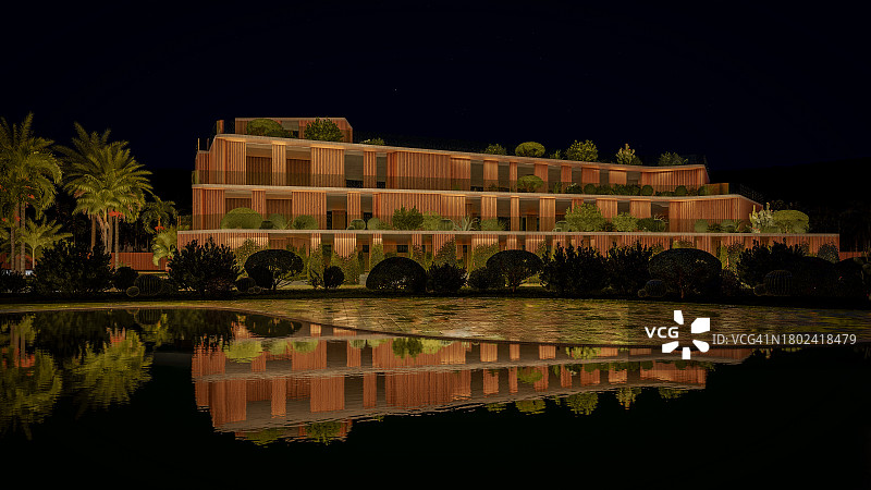 当代大学校园的建筑可视化3D渲染，夜晚的湖面倒影，周围环绕着自然风光图片素材