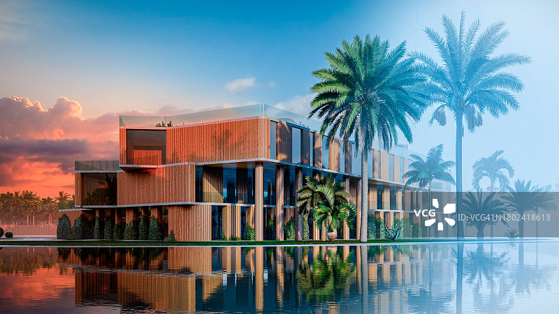 不同气候的建筑渲染图：日落、蓝天与雾天图片素材