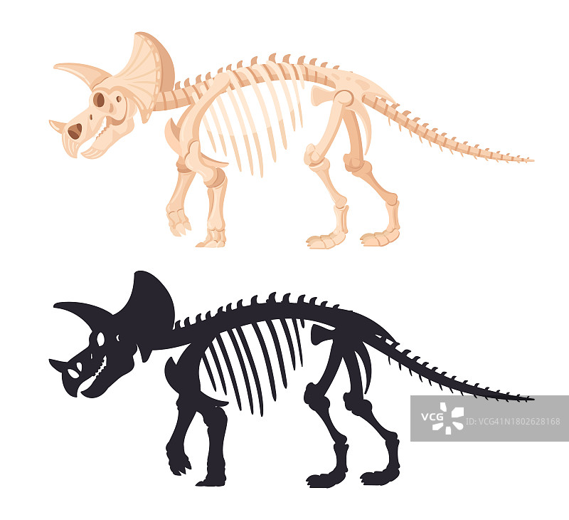 卡通三角龙恐龙骨骼剪影古代侏罗纪猛龙骨骼考古化石矢量图图片素材