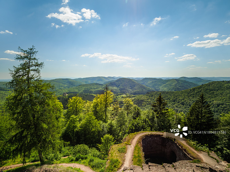 从霍恩堡城堡遗址看到的北孚日山脉和森林全景，法国阿尔萨斯巴-莱茵省图片素材