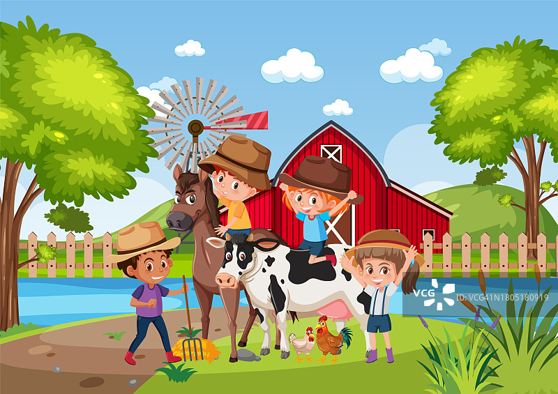 孩子们在乡村农田骑马和牛图片素材