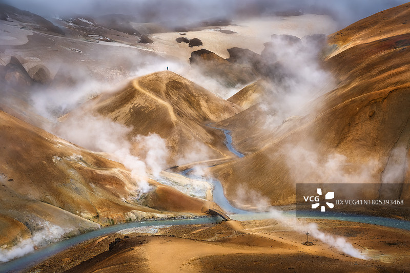 冰岛高地Hveradalir步道：游客在凯林加山地热区徒步图片素材