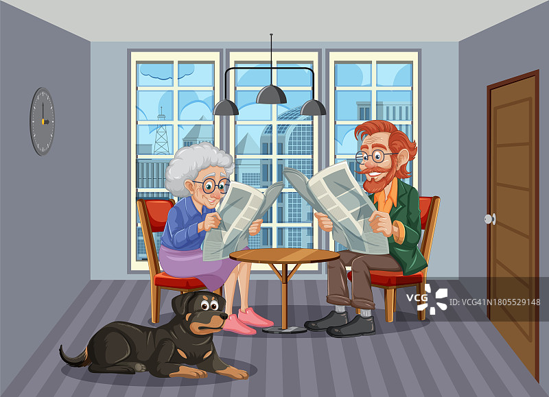 老夫妇在餐厅里和罗威纳犬一起看报纸图片素材