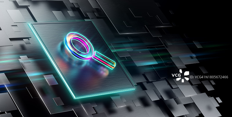 未来主义背景的镜头搜索图标。搜索引擎发展。技术进步和创新世界中发光搜索图标。CGI 3D渲染图片素材