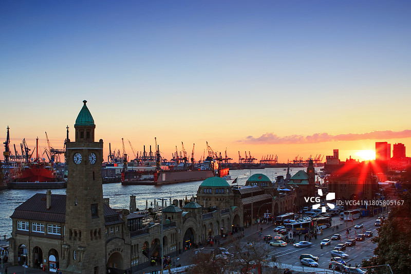 汉堡兰东斯布吕肯天际线日落（德国）图片素材