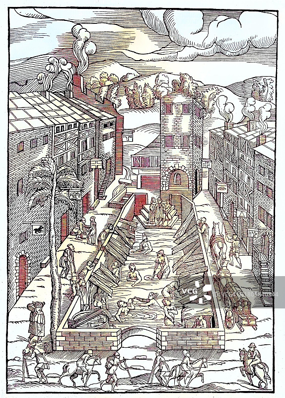 数字修复：法国普隆比耶的公共疗养院，为穷人和病人服务，1553年木刻，1882年出版图片素材