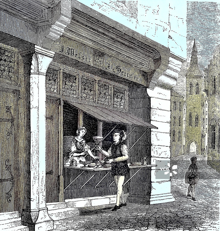 德国巴伐利亚奥格斯堡韦尔泽家族商店（1880年木刻版画复制品）图片素材