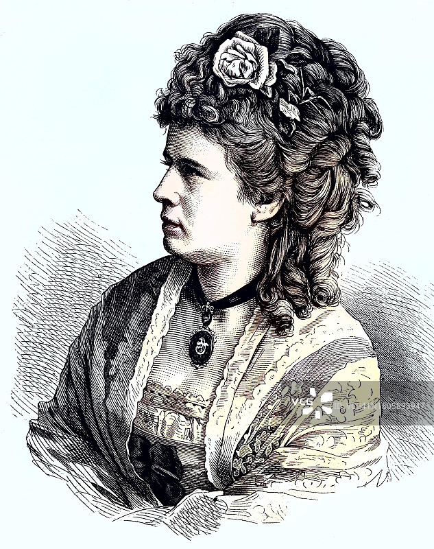 德国女演员兼作家安娜·哈弗兰，1881年木刻版画数字修复版，1854年1月8日-1908年5月31日图片素材