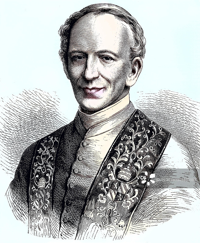 教皇利奥十三世,原名文森佐·吉奥阿奇诺·佩奇,1810年3月2日,1903年7月20日,是1878年至1903年意大利罗马天主教会的教皇,1881年木刻的再现,数字改进,历史,教皇利奥十三世,原名文森佐图片素材