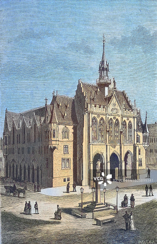 德国埃尔福特新市政厅：1881年木刻画图片素材