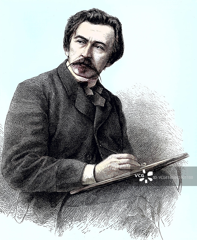 德国艺术家赫伯特·柯尼希（1820-1876）1881年木刻版画（数字修复历史影像）图片素材