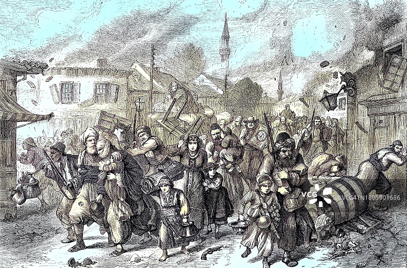 保加利亚鲁塞炮击期间居民逃生（1886年木刻版画，数字化修复）图片素材