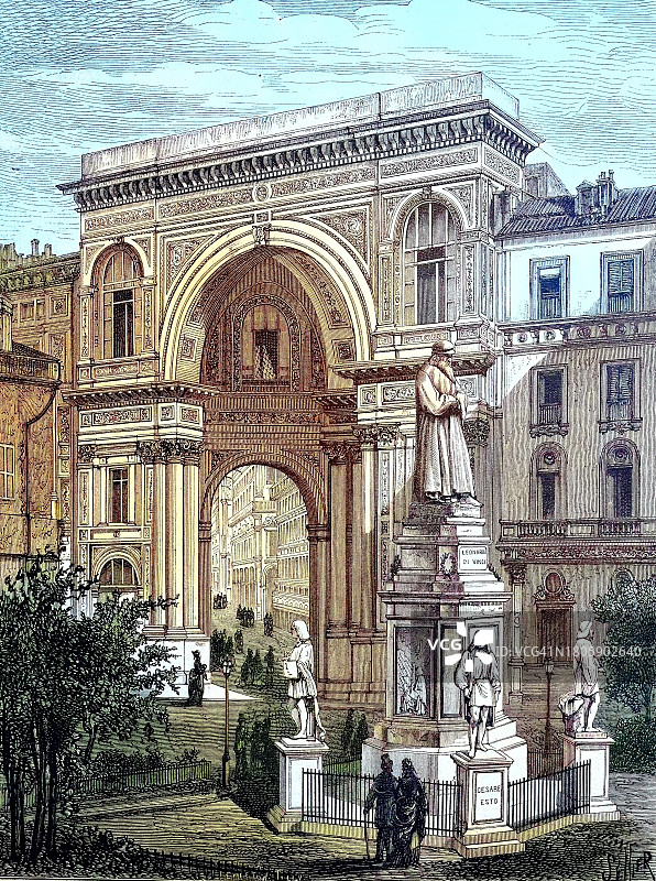 意大利米兰维托·埃马努埃莱二世长廊入口处的达·芬奇纪念碑（1881年木刻版数字修复图）图片素材