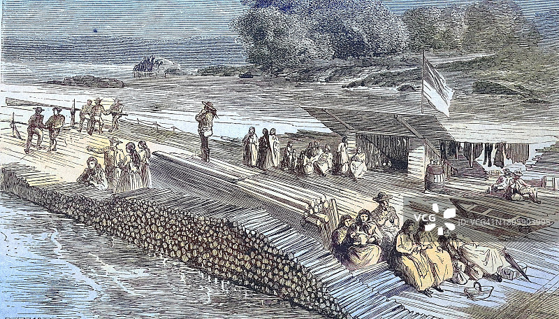 德国多瑙河上的木筏：1881年木刻图像的数字修复历史再现图片素材