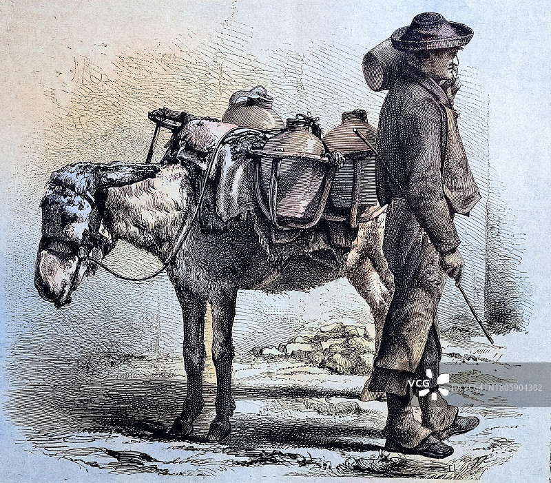 男子与驴：西班牙科尔多瓦的卖水人（1881年木刻版画复刻）图片素材