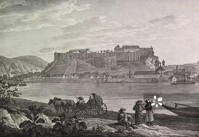 1825年左右匈牙利格兰市（今埃斯泰尔戈姆）的多瑙河（19世纪原版数字修复再现）图片素材