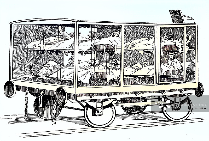 1870年普法战争：医疗列车的医院车厢，德国，1882年木刻版画图片素材