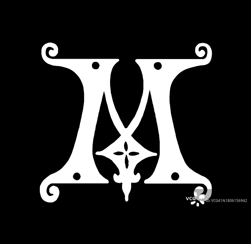 字母M的装饰性古老雕刻插图图片素材