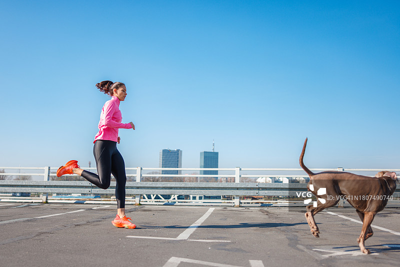 活力女性在晴朗的早晨与她的狗在空旷的停车场顶上慢跑图片素材