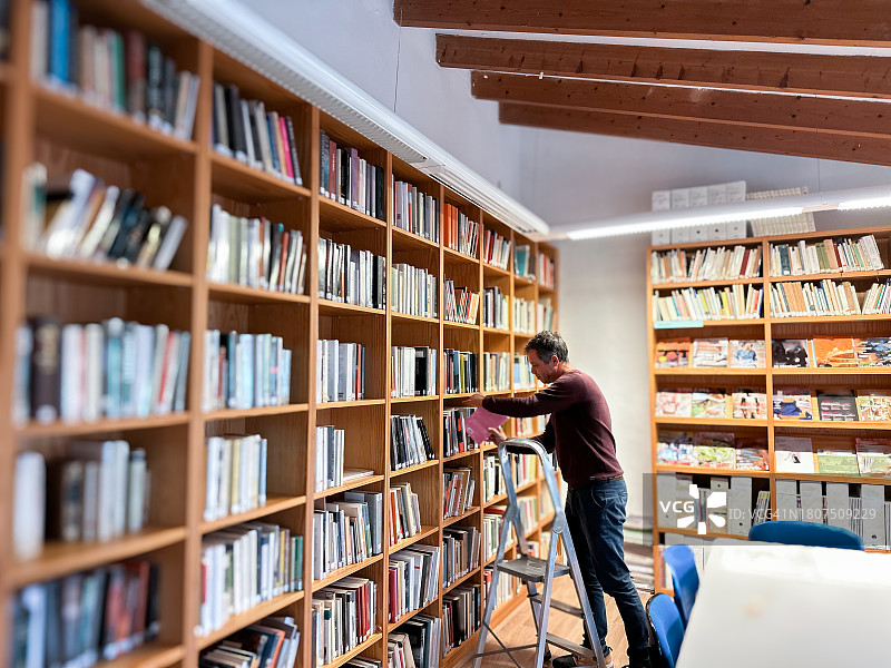 英俊的图书管理员在图书馆的书架上放书图片素材