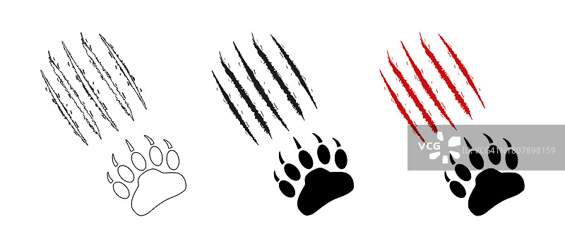 带有抓痕的熊或灰熊爪印。爪痕、切口、伤口。轮廓、线条。红色血痕。矢量隔离。剪贴画。带有爪痕的野生动物爪子。图标、打印、纹身、明信片。图片素材