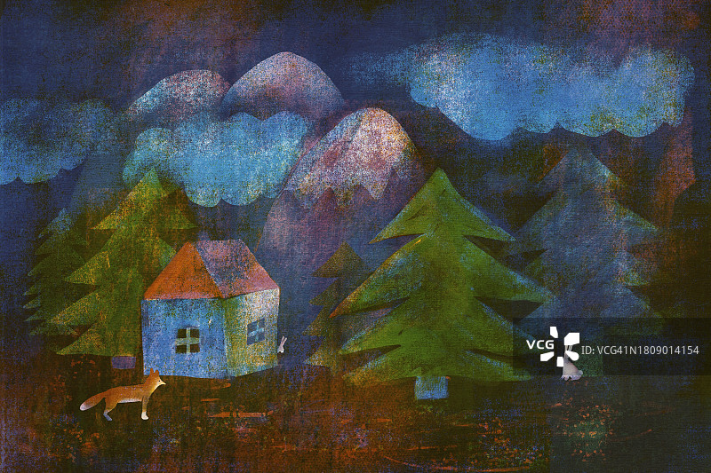 冬季雪山森林插画：小屋、狐狸与兔子图片素材