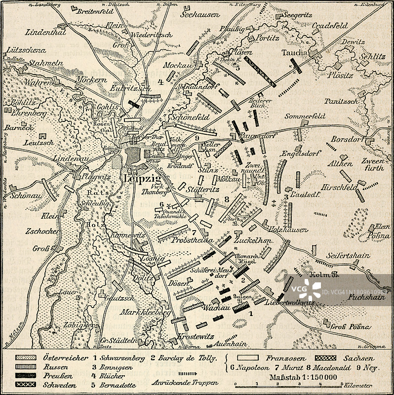 莱比锡战役或民族会战（1813年10月16日至19日）的古老雕刻地图图片素材