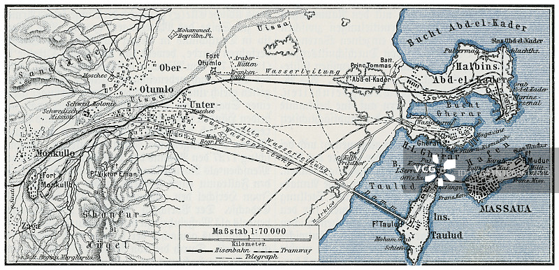 位于厄立特里亚北部红海地区马萨瓦或米茨瓦的古老雕刻插图，位于红海祖拉湾北端的达赫拉克群岛旁图片素材