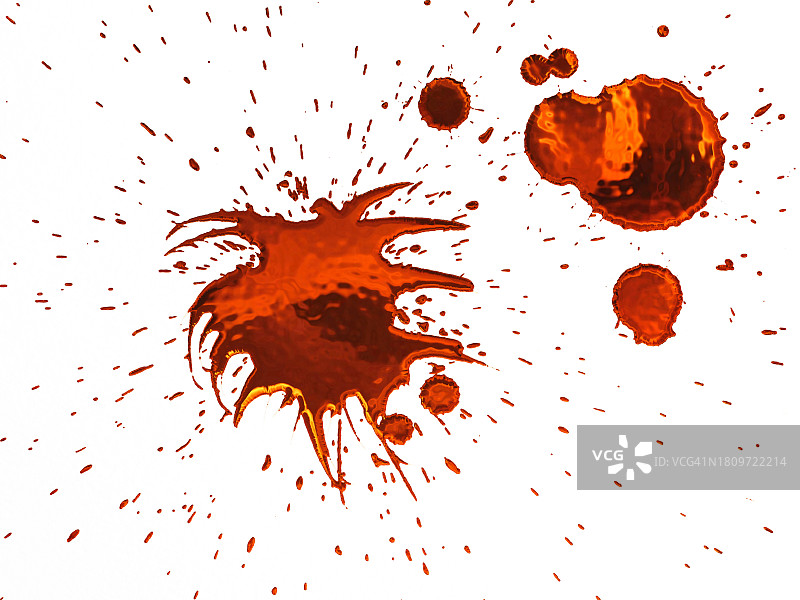 白色背景上浓稠的金属红色液体水滴和飞溅图片素材