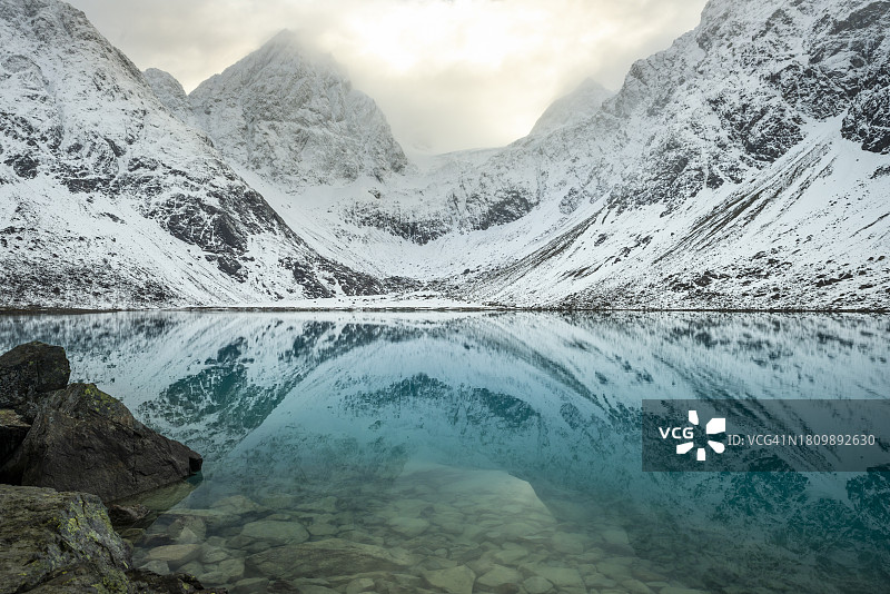 白雪皑皑的群山映衬着天空，湖边景色优美图片素材