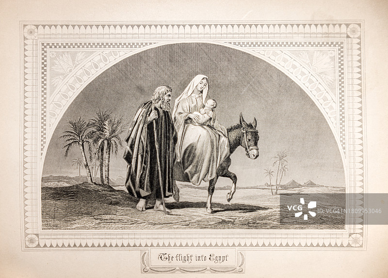 古董插画：玛丽和约瑟带着耶稣逃往埃及图片素材