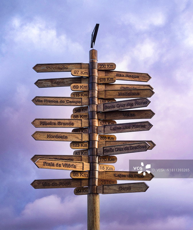 日落时分，通往岛屿内不同城市的指示牌图片素材