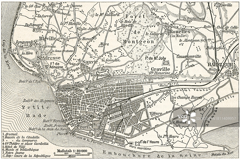 法国诺曼底勒阿弗尔港口城市古地图图片素材