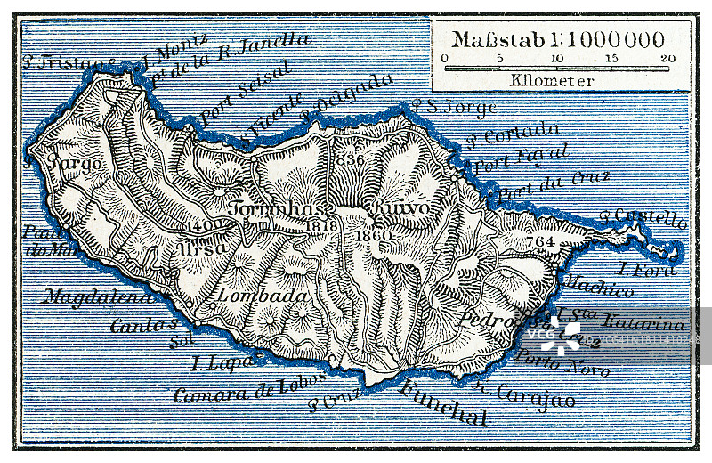葡萄牙马德拉岛的古老版画地图，是马德拉群岛中最大、人口最多的岛屿图片素材